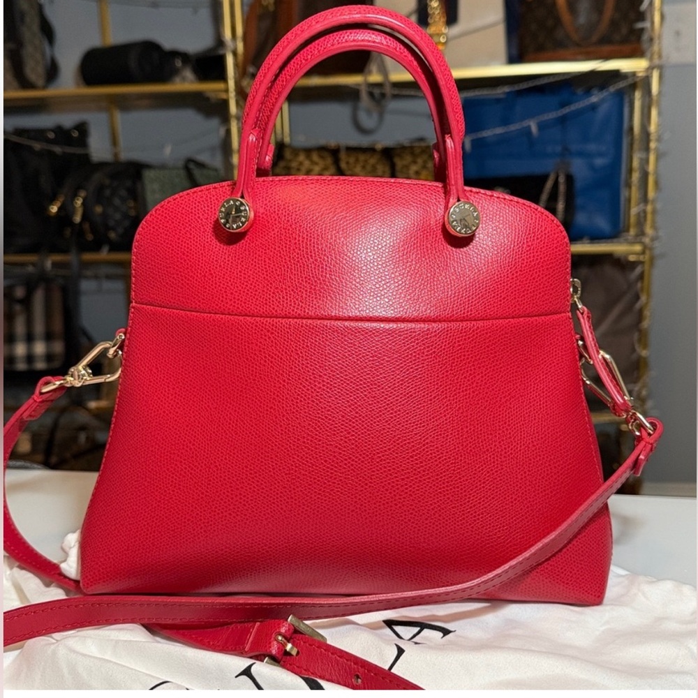 Like New Furla Red Leather 2-way Bag with Gold Charm. Zippered outside storage. - Picture 4 of 12